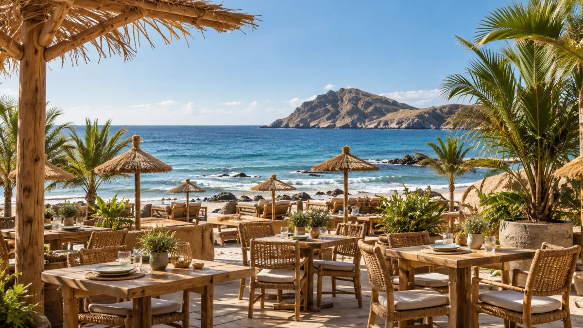 Ilustración de una terraza junto al mar